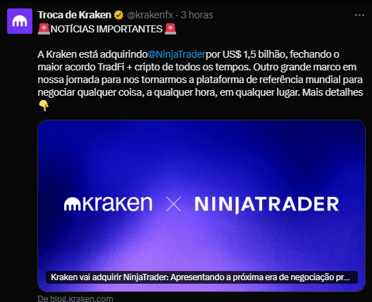 L'image montre une capture d'écran d'une publication Kraken, un échange de crypto-monnaies, dans X (ancien Twitter). La publication annonce que Kraken acquiert Ninjatrader pour 1,5 milliard de dollars, décrivant cela comme le plus grand accord entre les finances traditionnelles (TradFi) et les crypto-monnaies de tous les temps. Le message souligne qu'il s'agit d'une étape importante sur le parcours de Kraken pour devenir la principale plate-forme mondiale pour négocier les actifs à tout moment et partout. La publication comprend un lien vers plus de détails sur l'acquisition.