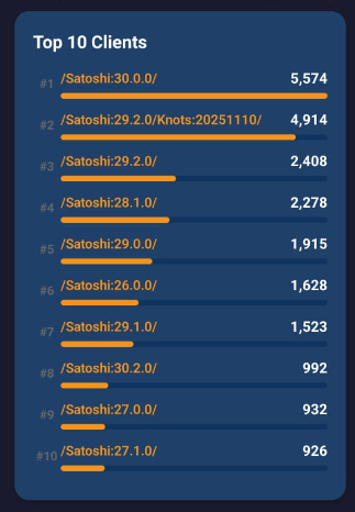Une capture d'écran de l'application Crawly montrant les 10 meilleurs clients pour les nœuds Bitcoin.