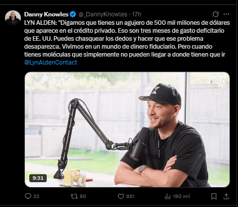 Un message sur X posté par Danny Knowles après sa conversation avec la macroéconomiste Lyn Alden.