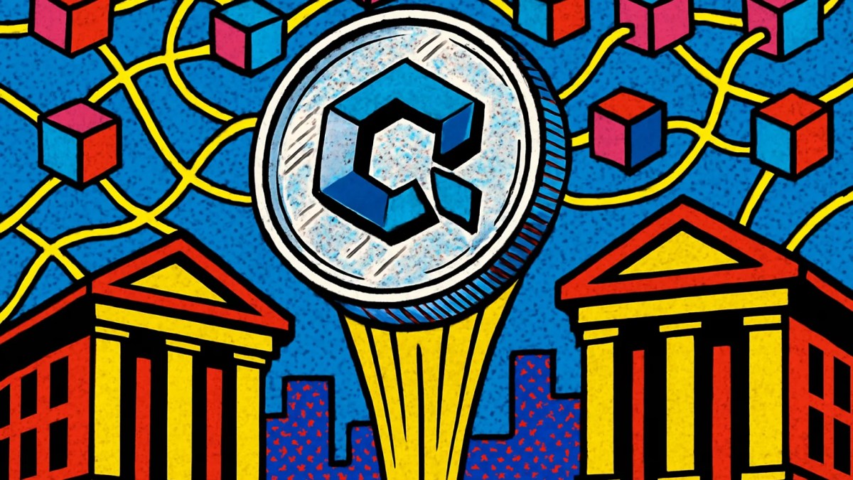 Token Quant QNT ascendiendo sobre edificios bancarios y redes blockchain conectadas
