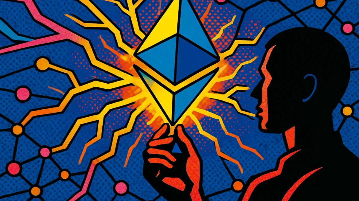 Vitalik Buterin junto al símbolo de Ethereum representando el último fork de Ethereum convencional