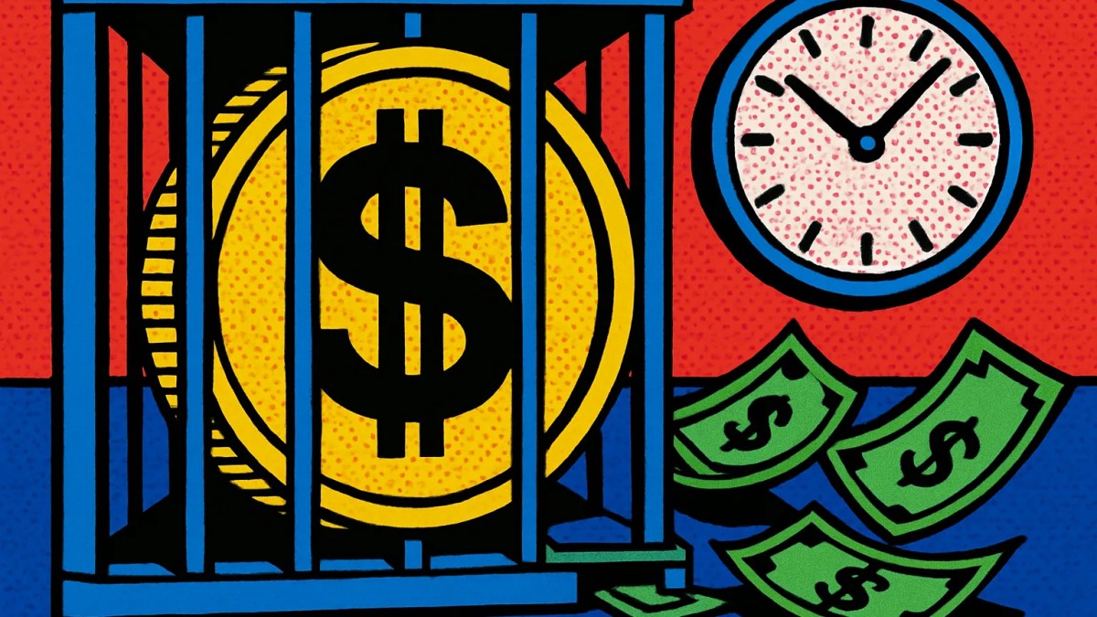Ilustración sobre la redención de stablecoins con monedas bloqueadas tras rejas y un reloj de dos días