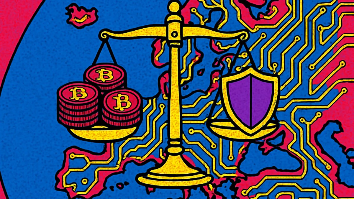 Ilustración de la revisión de MiCA con un mapa de Europa y una balanza sobre monedas cripto