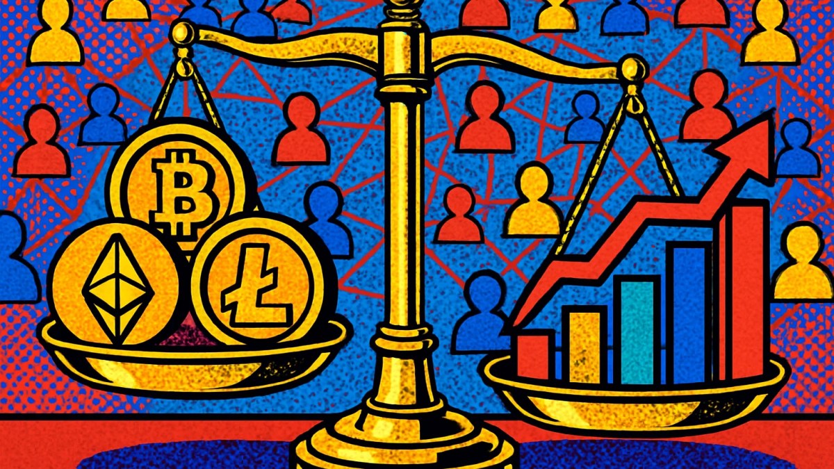 Ilustración de mercados de predicción y cripto conectados por infraestructura blockchain y stablecoins