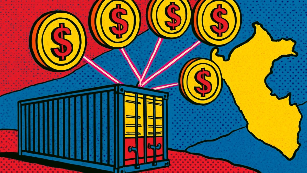 Primera importación con stablecoins en Perú ilustrada con un puerto y monedas digitales de dólar