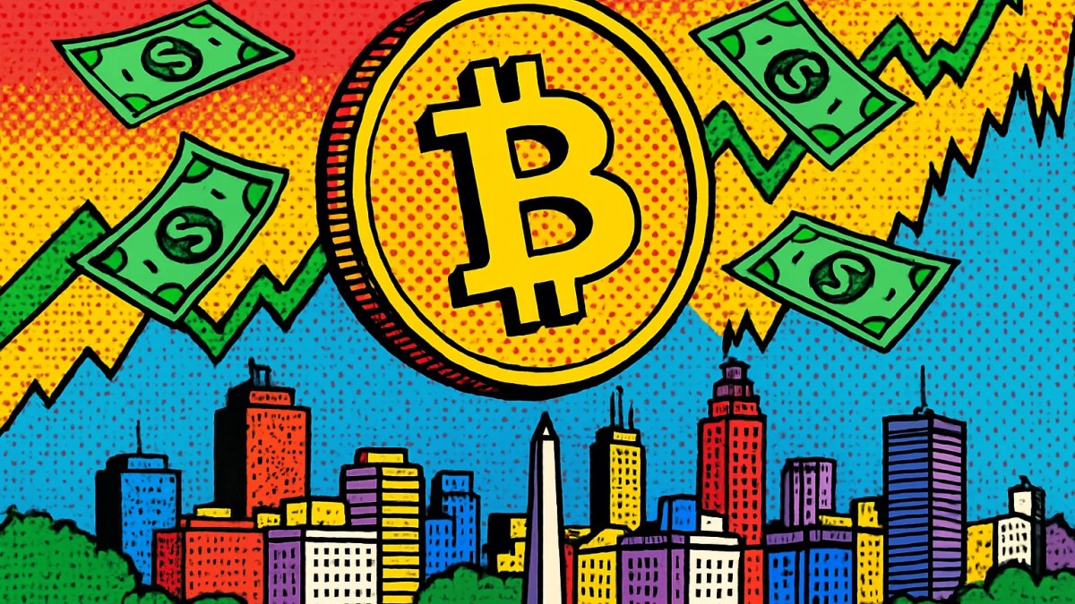 Cotización de criptomonedas en Argentina con Bitcoin y dólar cripto sobre el skyline de Buenos Aires