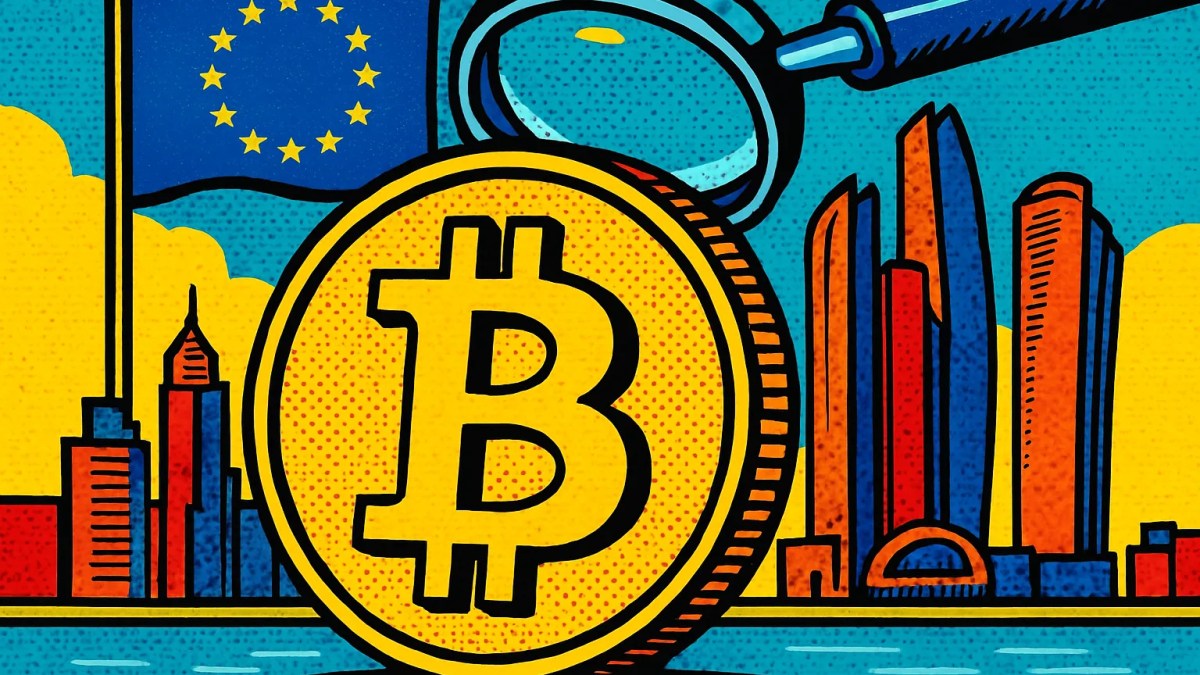 Investigación de la UE a Binance representada con una moneda cripto bajo una lupa frente a rascacielos