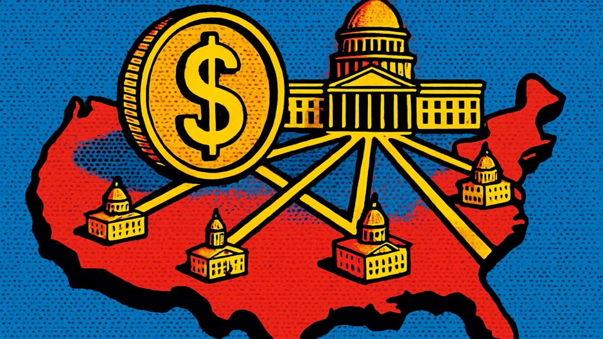 Monedas de stablecoin sobre el mapa de EE.UU. ilustrando la regulación de stablecoins estatal y federal