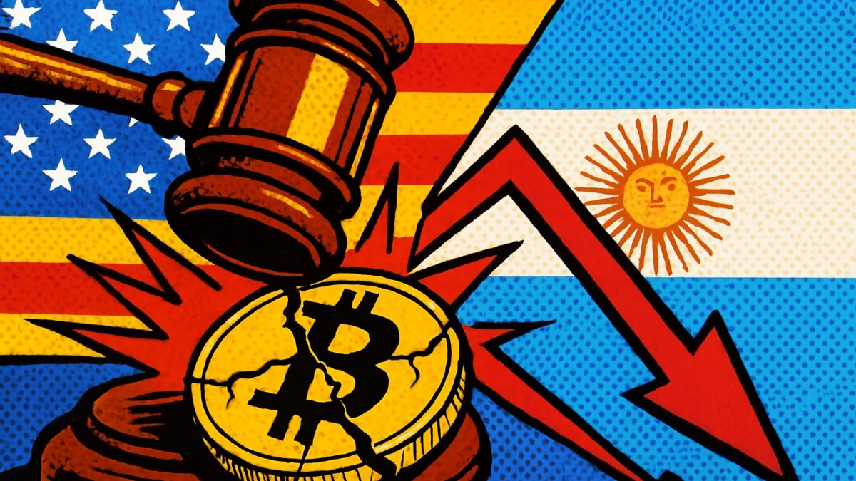 Balanza de la justicia junto a una moneda del caso LIBRA que se desploma