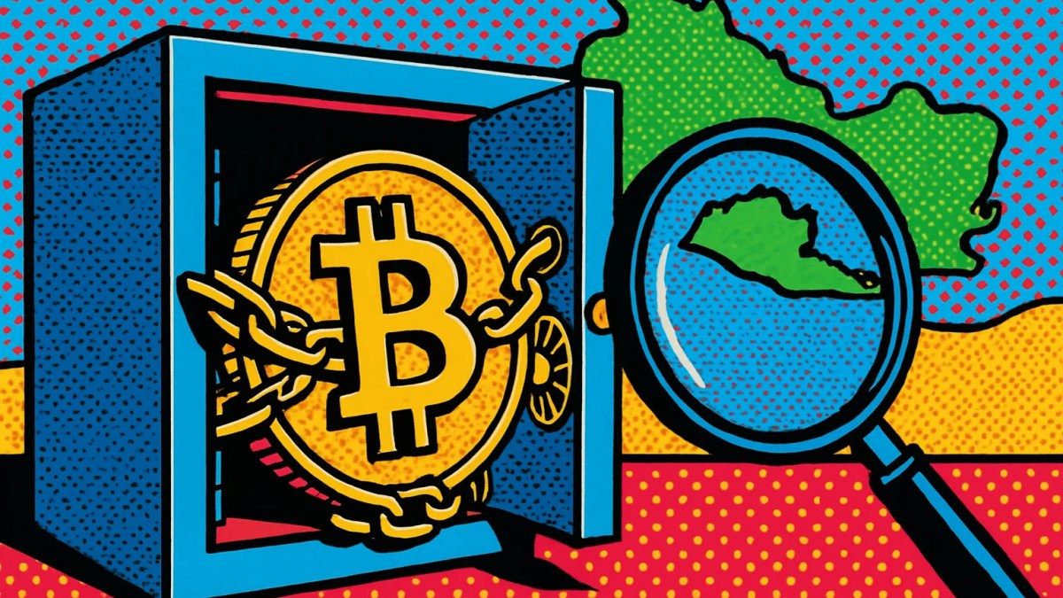 Riesgo de corrupción en la acumulación de bitcoin en El Salvador representado con caja fuerte y lupa