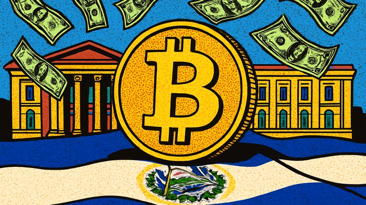 Moneda de Bitcoin y bandera de El Salvador que ilustran las exenciones por Bitcoin del FMI