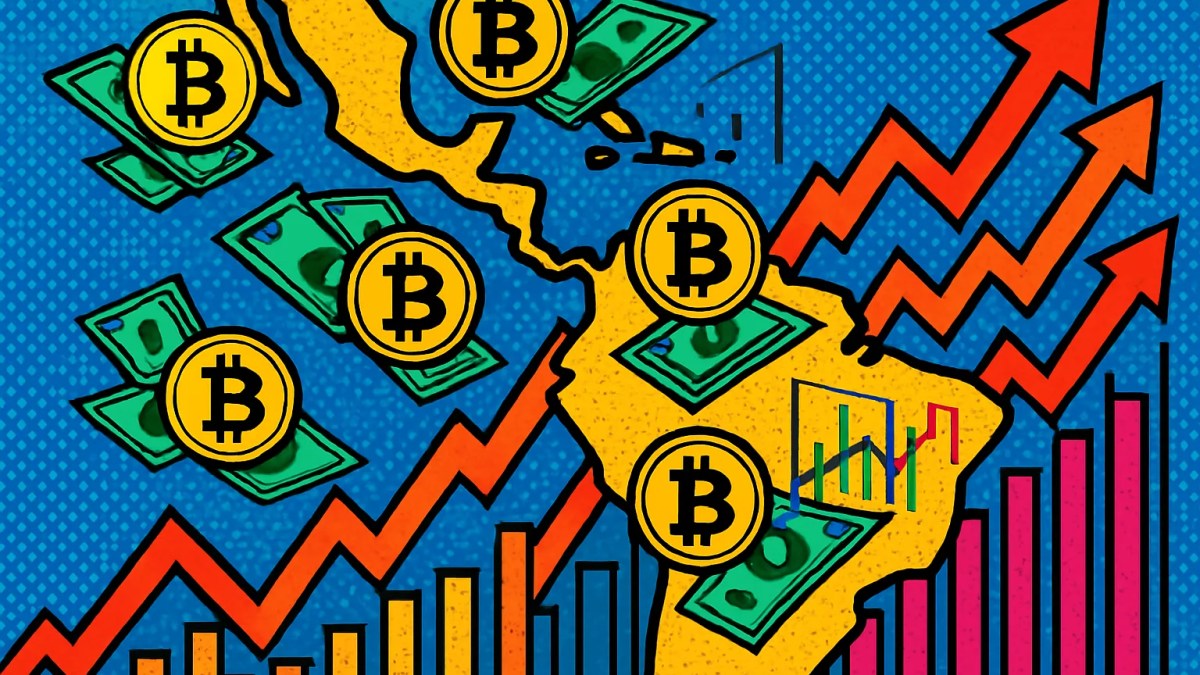Monedas y mapa que ilustran la semana de las criptomonedas en Latinoamérica