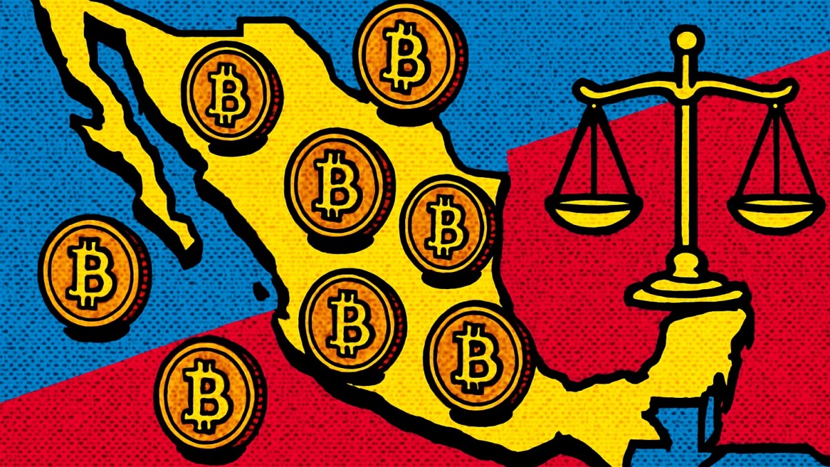 Ilustración sobre la falta de regulación de las cripto en México con monedas digitales sobre el mapa del país
