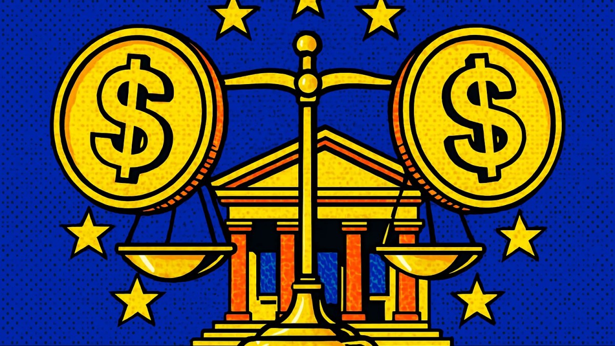 Monedas de stablecoins en Europa frente a la bandera de la UE y un banco
