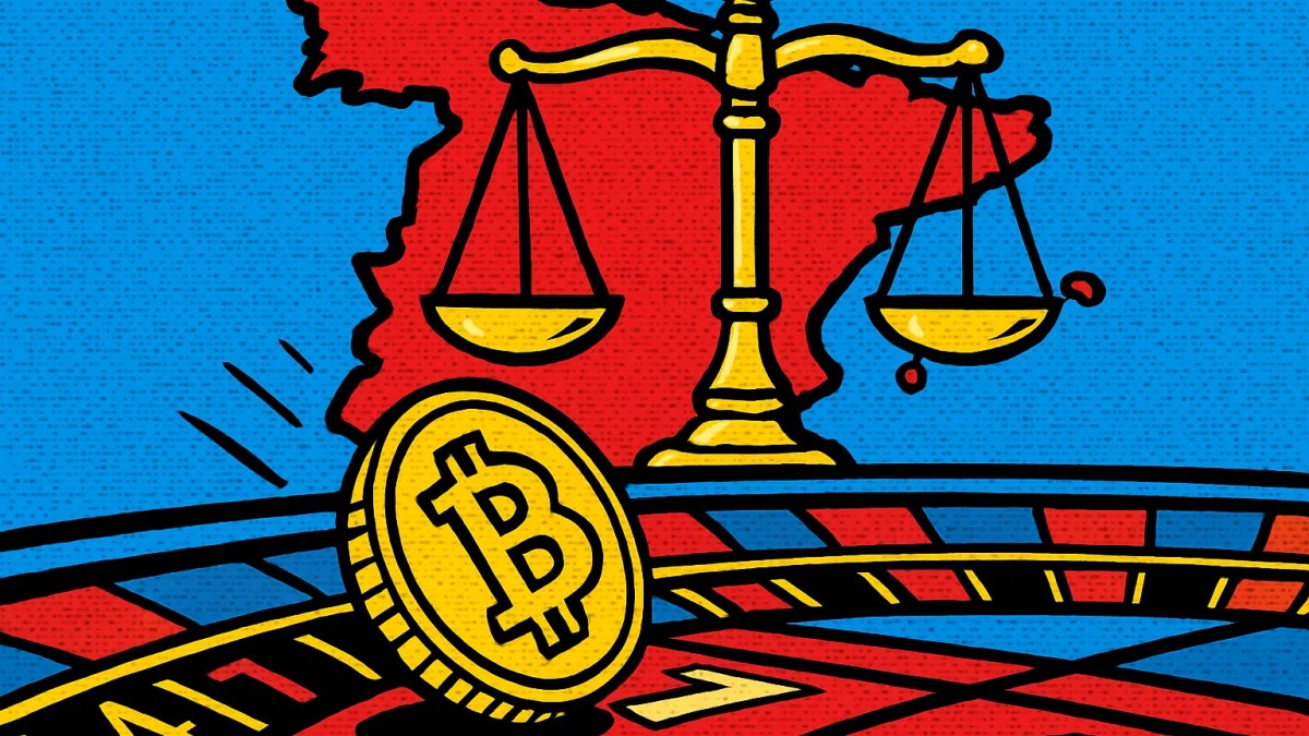Moneda de Bitcoin sobre mesa de casino que ilustra un bitcoin casino en España