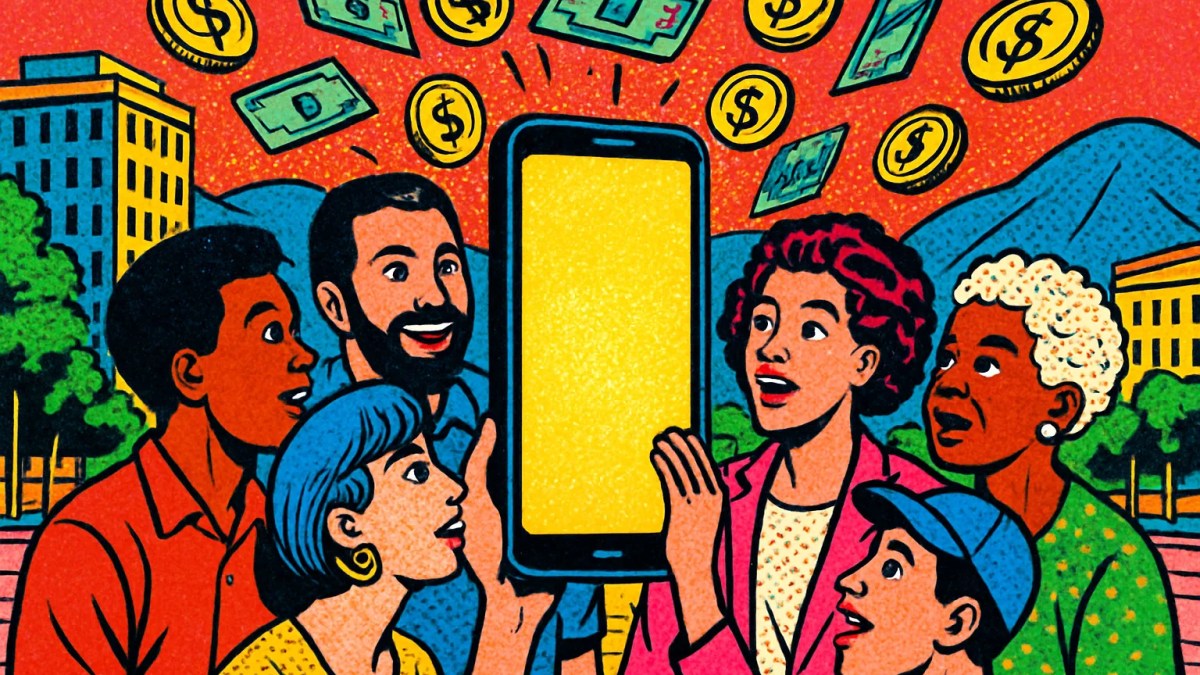 Usuarios reunidos en torno a un teléfono, ilustración de la comunidad de Binance Venezuela