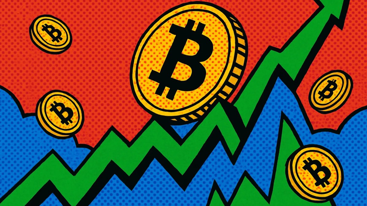 Moneda de bitcoin subiendo entre altcoins que se mueven en direcciones opuestas en el mercado cripto