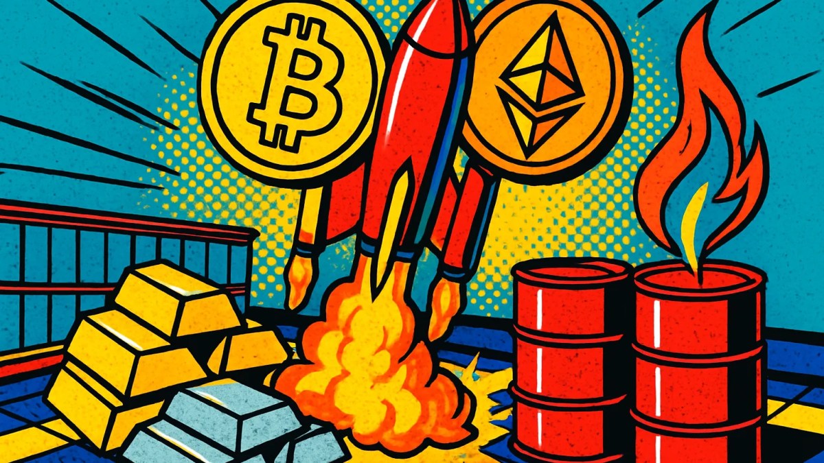 Monedas de Bitcoin y Ethereum impulsadas por un cohete triple, ilustrando los ETF apalancados 3x aprobados por la SEC