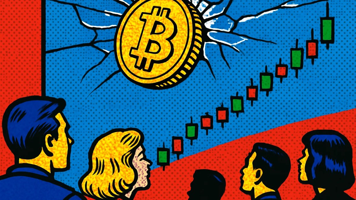 Moneda de bitcoin chocando contra un techo que representa la resistencia de bitcoin en 87.000 dólares