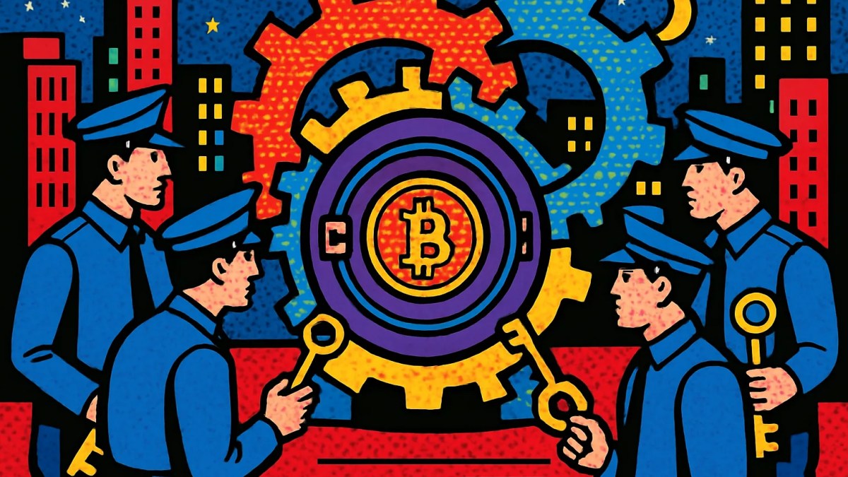Engranajes distintos protegiendo una bóveda, ilustración sobre ecash en bitcoin y custodia federada