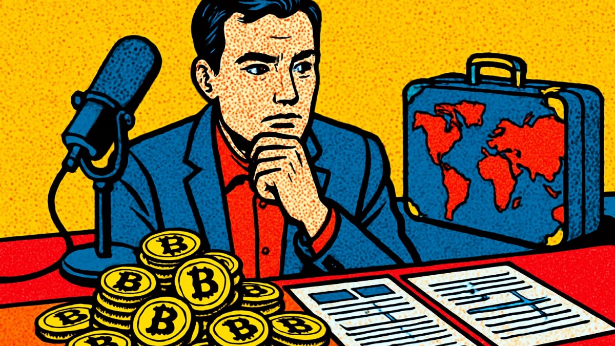 Inversor revisando formularios de impuestos sobre Hacienda y criptomonedas junto a un micrófono de podcast