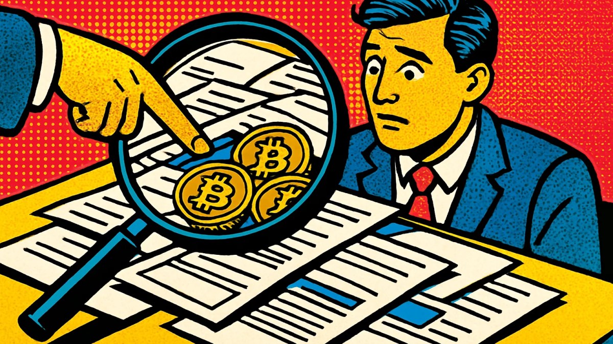 Lupa sobre monedas digitales escondidas entre formularios, ilustración sobre declarar criptomonedas en Argentina