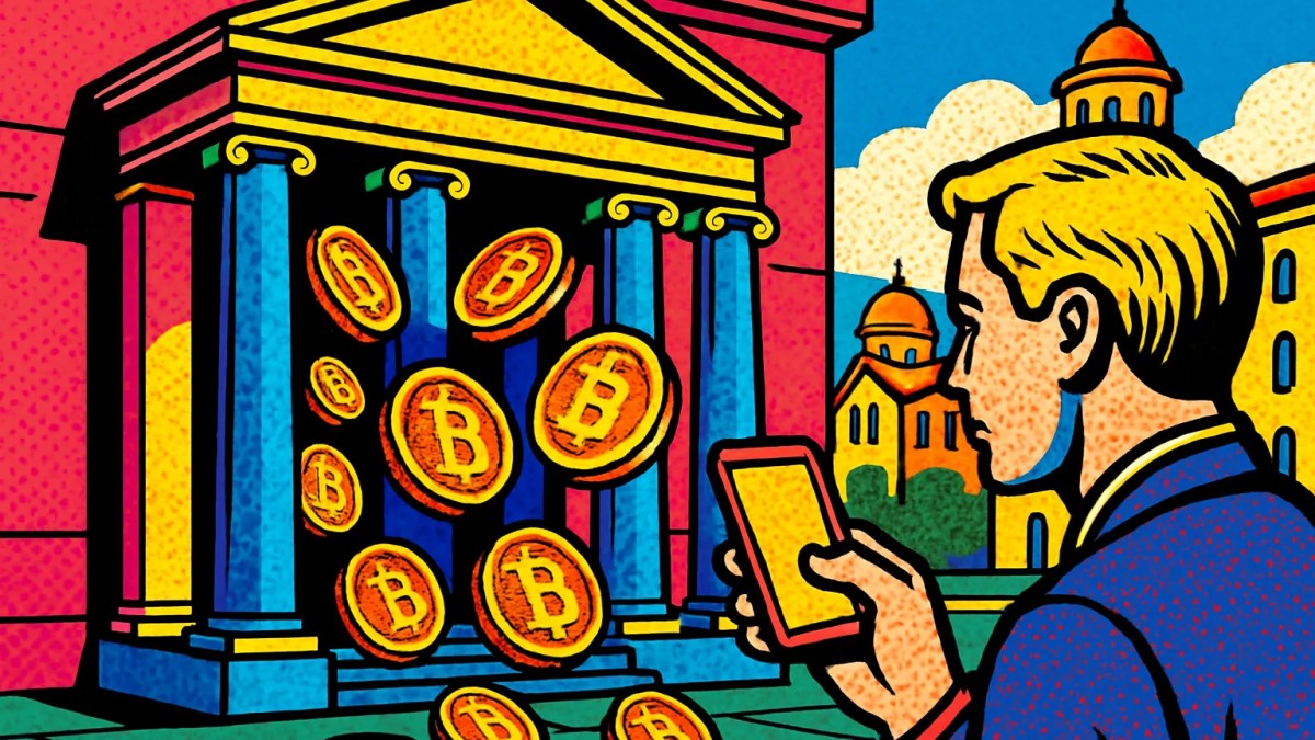 Banco europeo del que emergen monedas digitales, ilustrando la llegada de las criptomonedas en Bulgaria