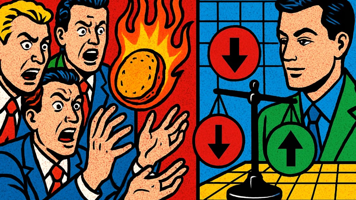 Traders pasándose una moneda ardiente frente a una balanza que simboliza los mercados de predicción