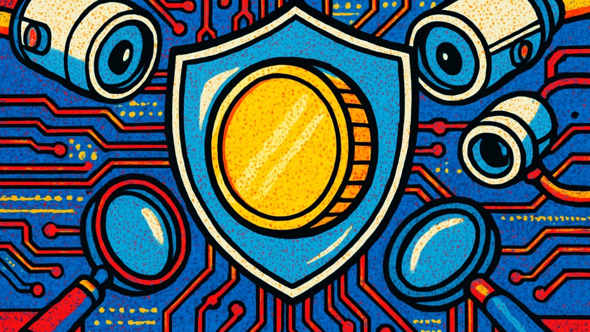 Moneda protegida por un escudo frente a ojos robóticos, ilustrando Zcash y privacidad en la era de la IA