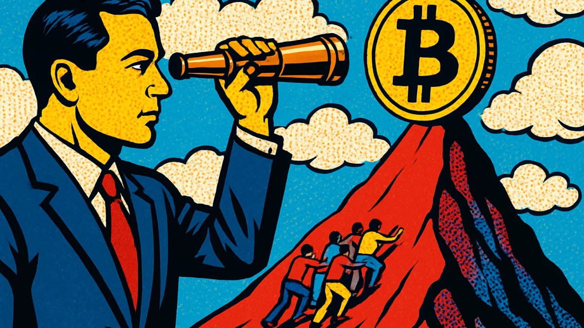 Ilustración sobre la previsión de bitcoin de Citi con una moneda dorada subiendo una montaña sin llegar a la cima