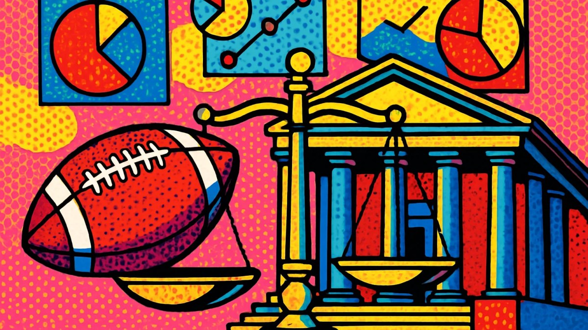 Balón de fútbol americano en una balanza judicial que simboliza la disputa legal de los mercados de predicción