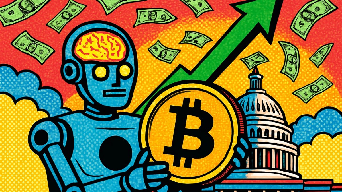 Robot de inteligencia artificial con una moneda de bitcoin ilustrando la predicción de bitcoin a 250.000 dólares