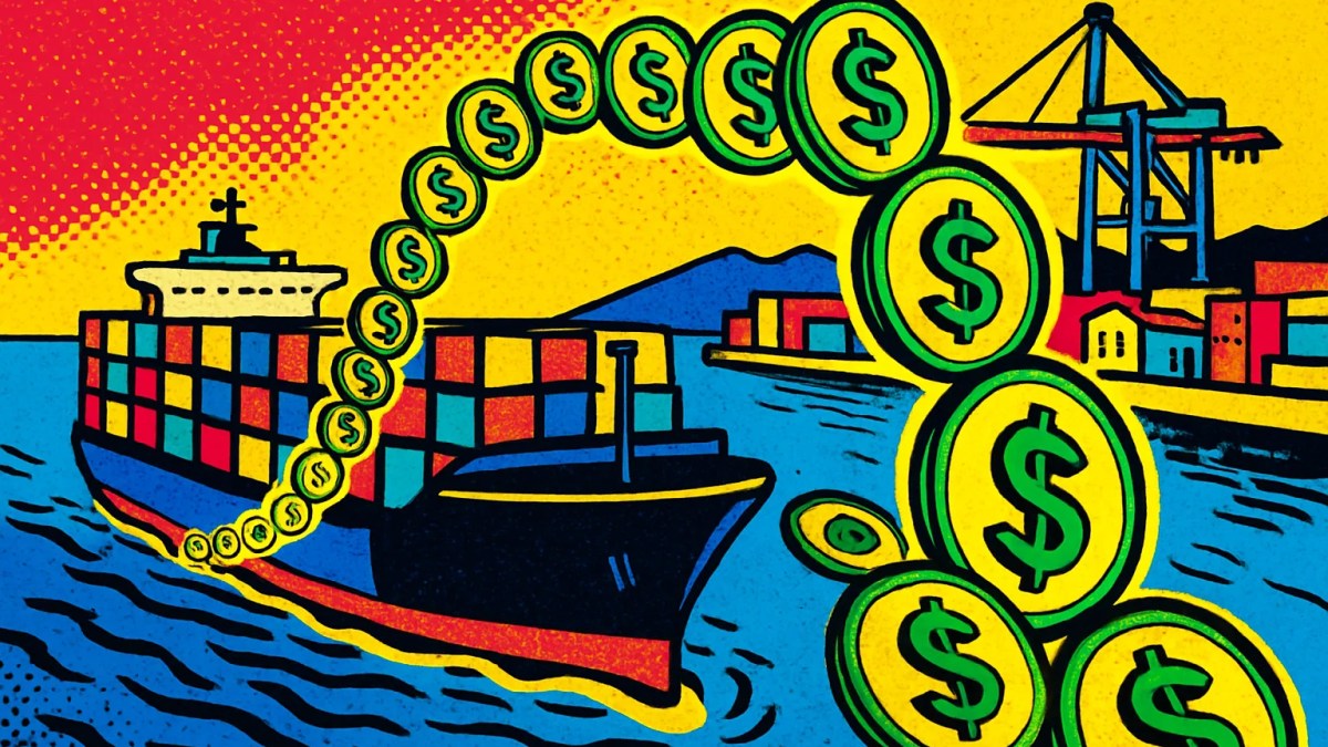 Buque de carga y monedas digitales que ilustran el uso de stablecoins en Latinoamérica para el comercio exterior