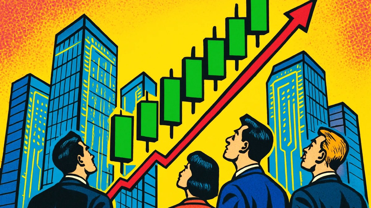 Gráfico ascendente sobre rascacielos que representa la subida del Nasdaq 100 impulsada por acciones tecnológicas