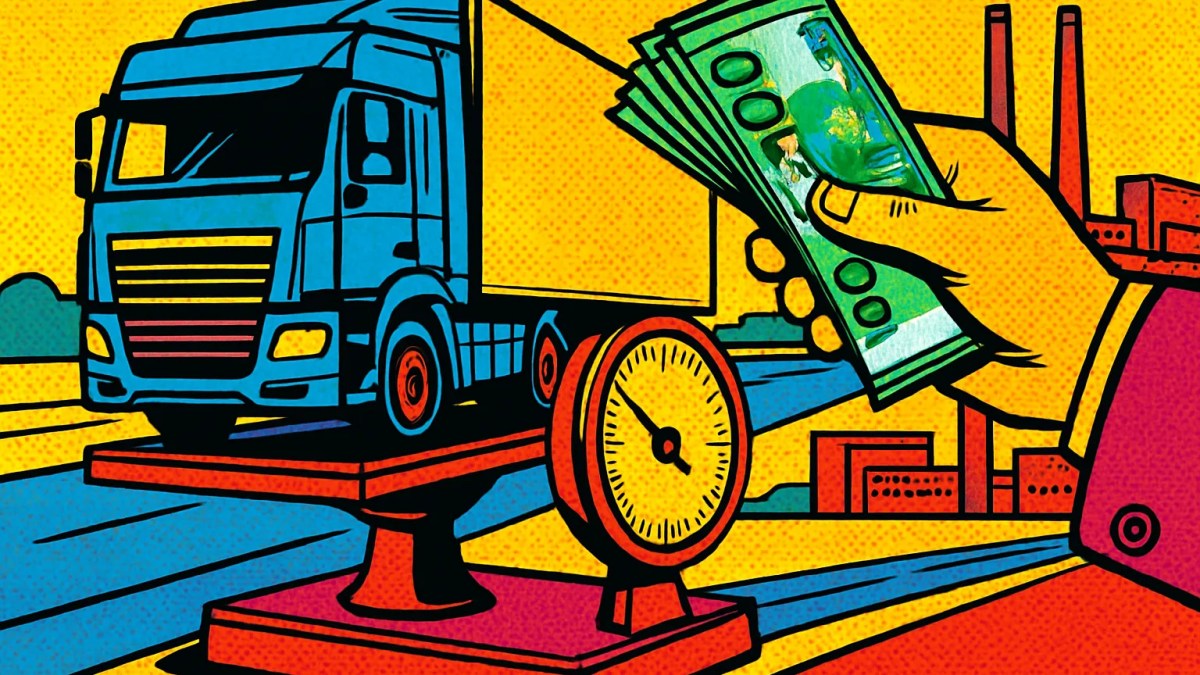 Camión sobre una balanza con billetes de euro, ilustrando la oferta por Iveco de Tata Motors