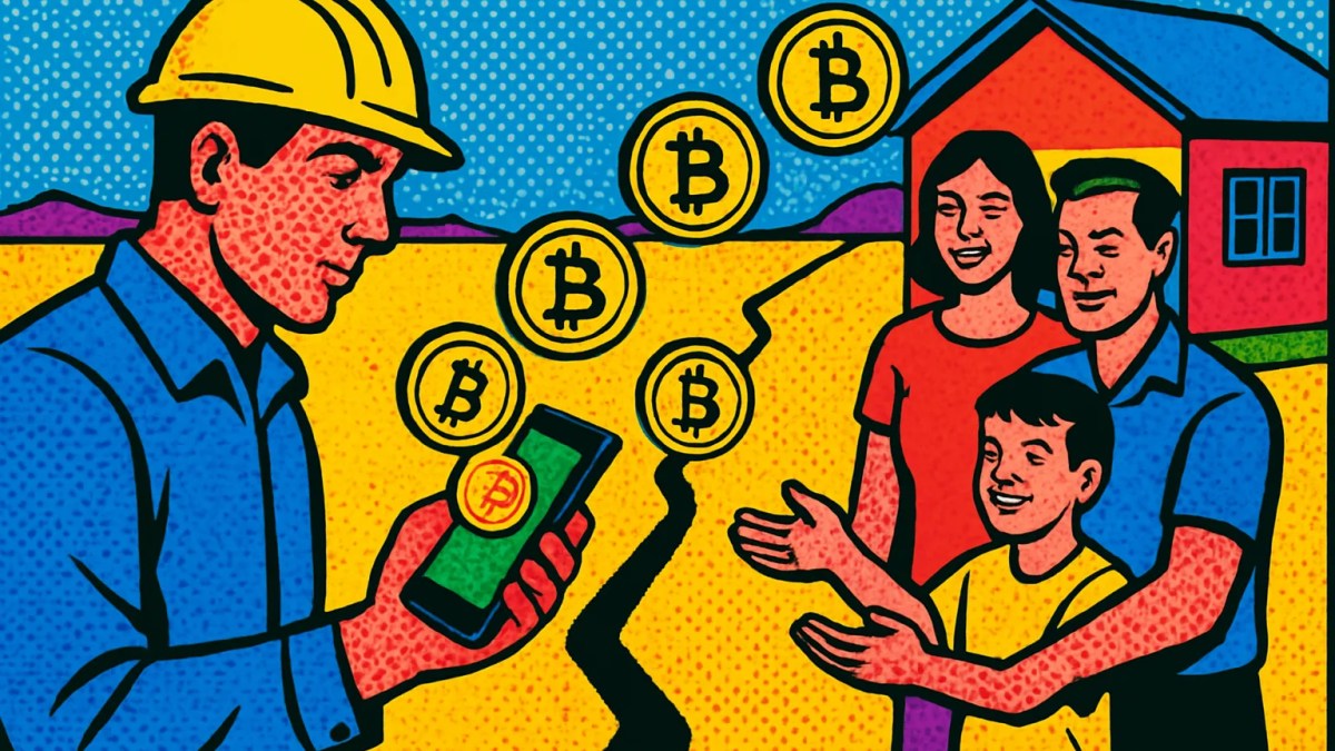 Remesas con criptomonedas viajando desde un teléfono hacia una familia en México