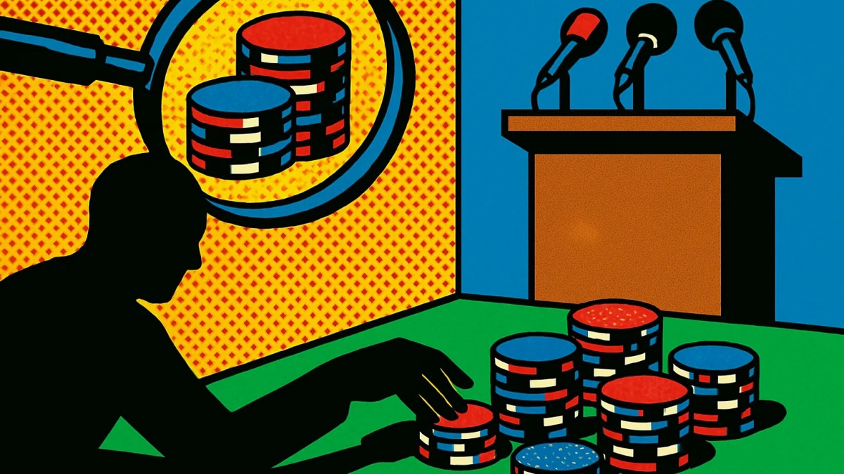 Lupa sobre fichas de apuesta frente a un podio de prensa, ilustrando la investigación en los mercados de predicción