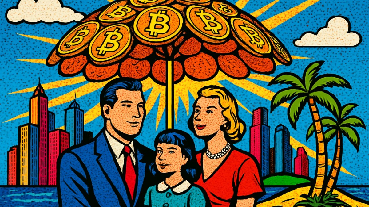 Paraguas de monedas que simboliza a una aseguradora bitcoin protegiendo a una familia