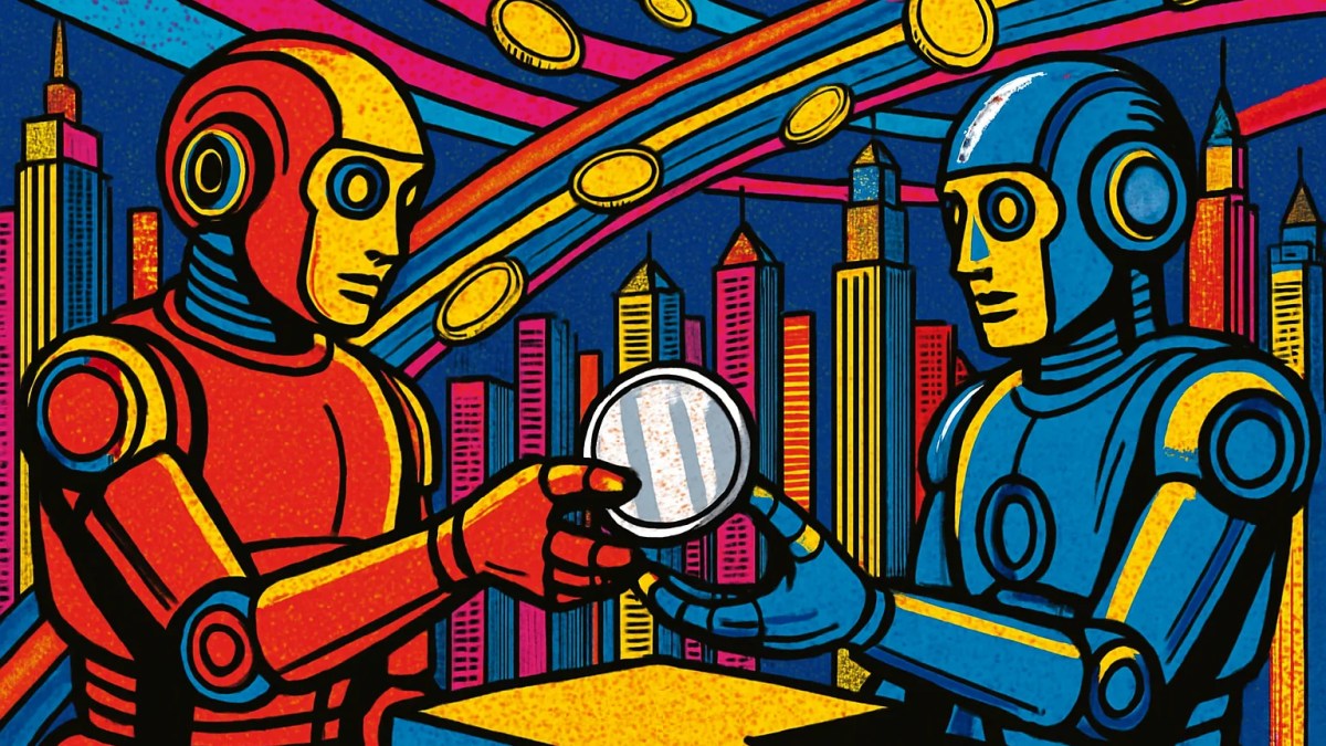 Robots intercambiando monedas digitales como símbolo de los pagos con IA en el XRP Ledger