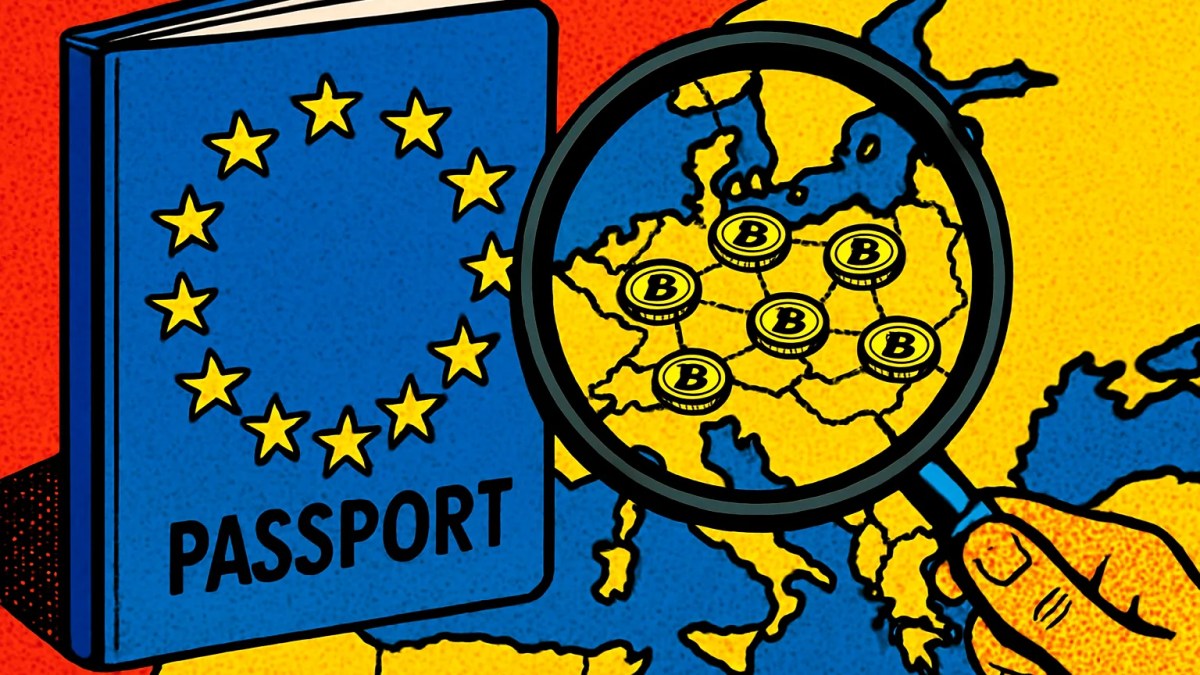 Lupa sobre un mapa de Europa que simboliza la supervisión de exchanges bajo el reglamento MiCA