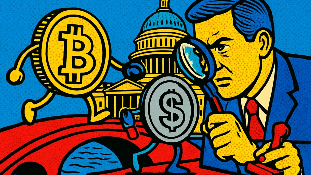 Ilustración sobre impuestos cripto en Francia con un canje de bitcoin a stablecoin detenido por un inspector fiscal