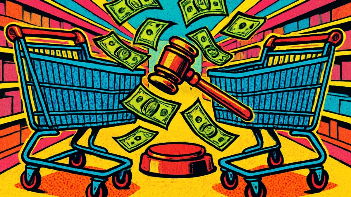 Ilustración de la disputa judicial entre Kroger y Albertsons con carritos de supermercado y un mazo de juez