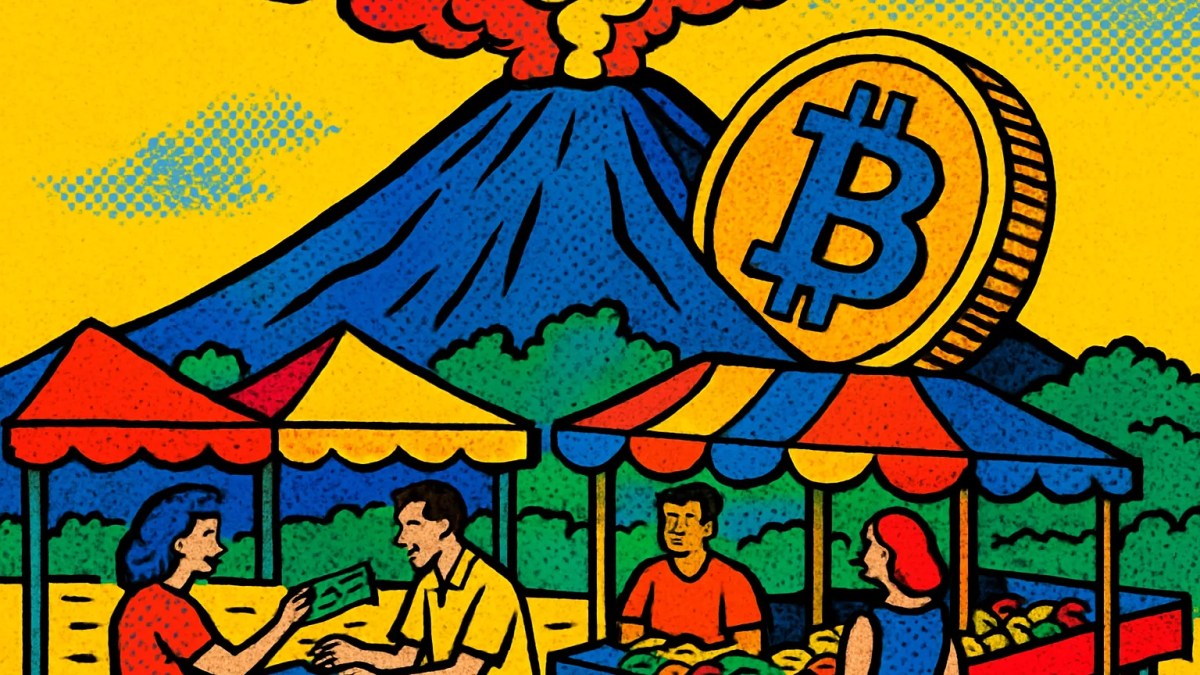 Moneda de bitcoin junto a un volcán que simboliza la ley bitcoin de El Salvador