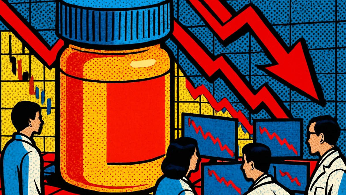 Acción de Syndax cae en bolsa representada con un frasco de medicamento y un gráfico en descenso