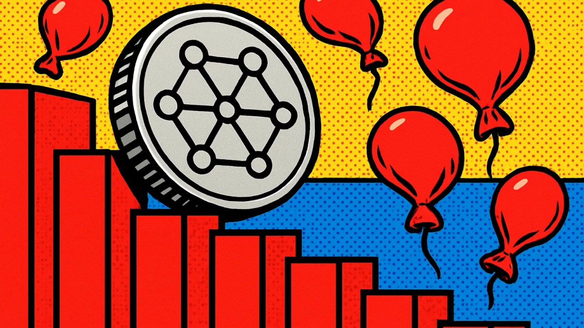 Moneda del token QNT descendiendo sobre un gráfico de barras rojas mientras se desinflan contratos de futuros