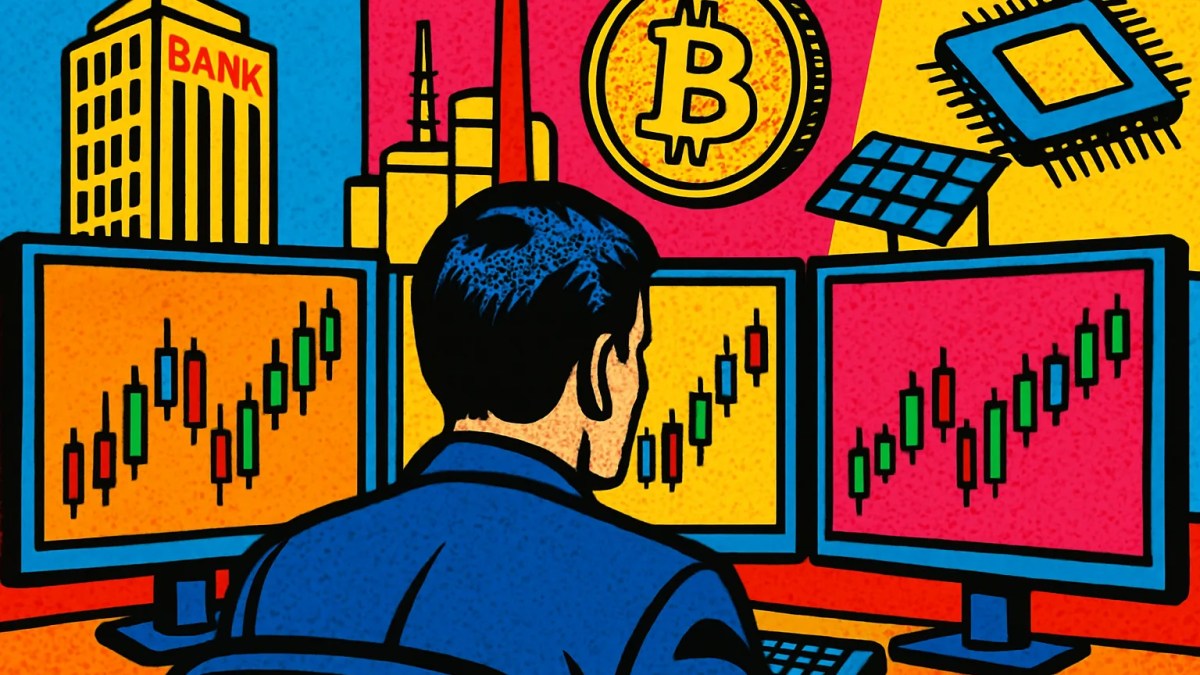 Pantallas con gráficos de análisis técnico de bitcoin y acciones de bancos, energía y tecnología