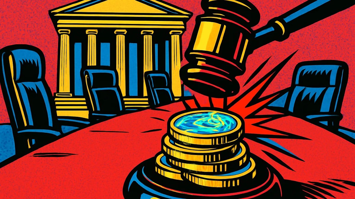 Mesa de comisionados con sillas vacías y monedas digitales, símbolo de la regulación cripto de la SEC