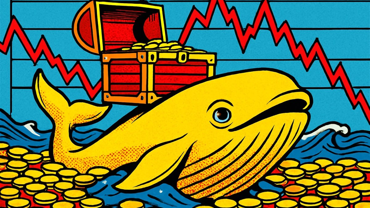 Ballena de bitcoin emergiendo de un mar de monedas con un cofre lleno de BTC