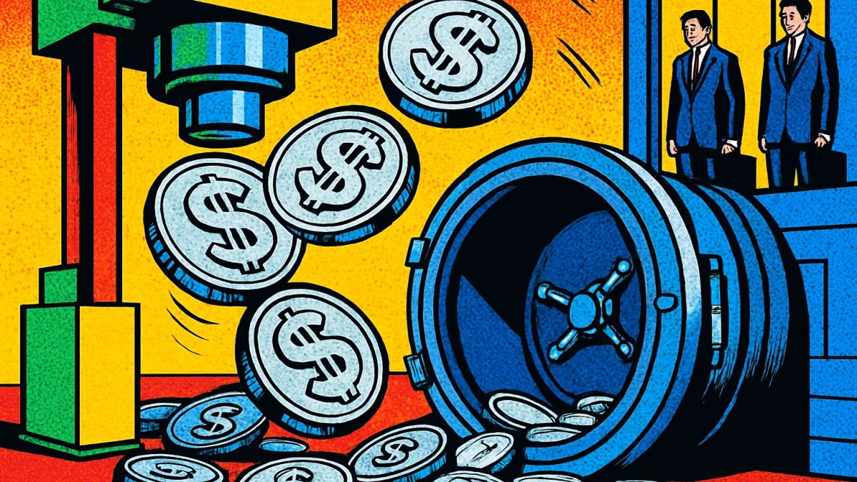 Prensa acuñando monedas de la stablecoin RLUSD hacia una bóveda bancaria