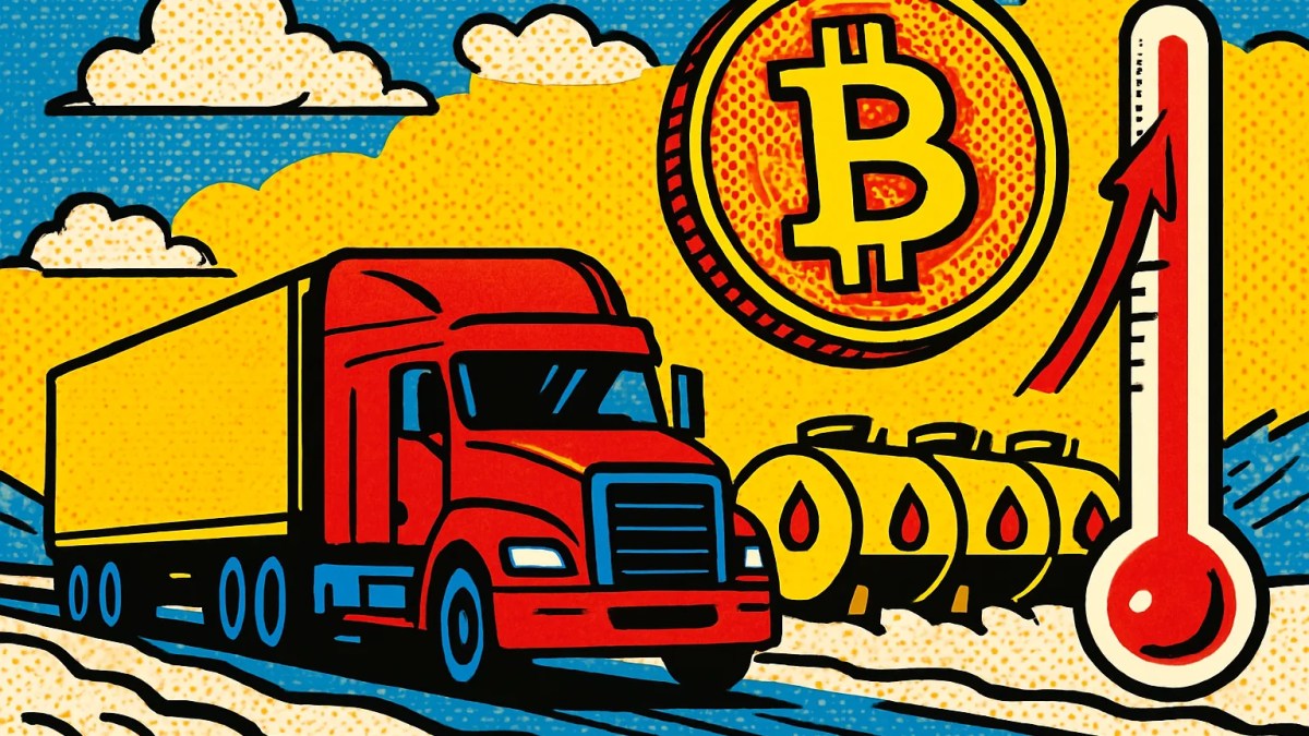 Camión en carretera nevada y moneda de bitcoin, ilustrando la relación entre bitcoin e inflación por el diésel